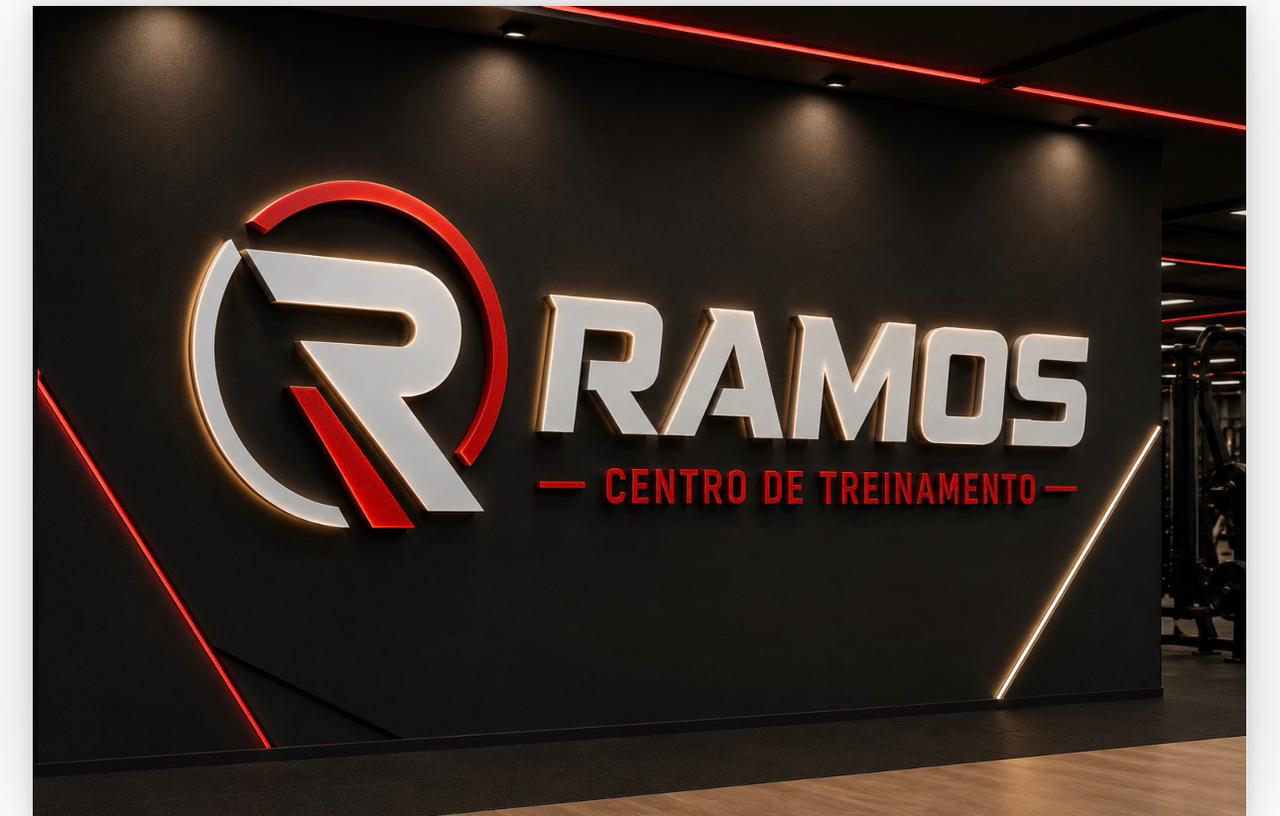 Antes: logomarca RAMOS aplicada em ambiente 3D